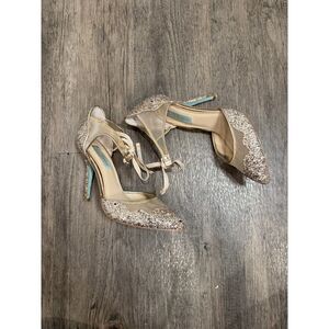Blue Betsey Johnson Stela Champagne Glitter Mesh Ribbon Tie Heels Size 7